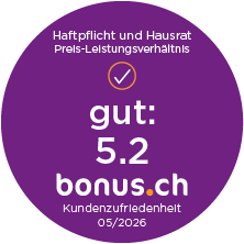 bonus.ch Badge zum Preis-Leistungsverhältnis Haftpflicht und Hausrat mit Bewertung 5.2.