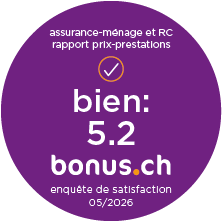 bonus.ch Badge présentant le rapport prix-prestations responsabilité civile et inventaire du ménage évalué à 5,2.